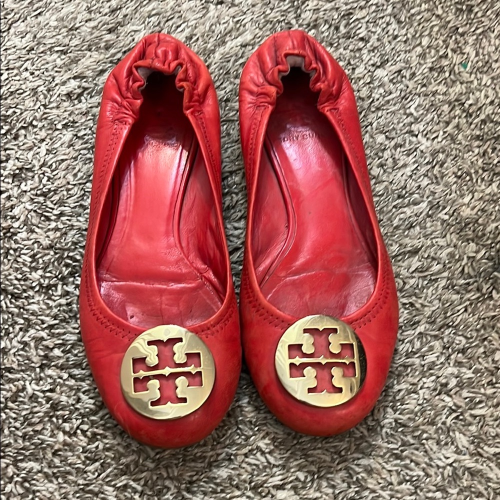 Tory Burch Red Leather Flats with Gold Emblem